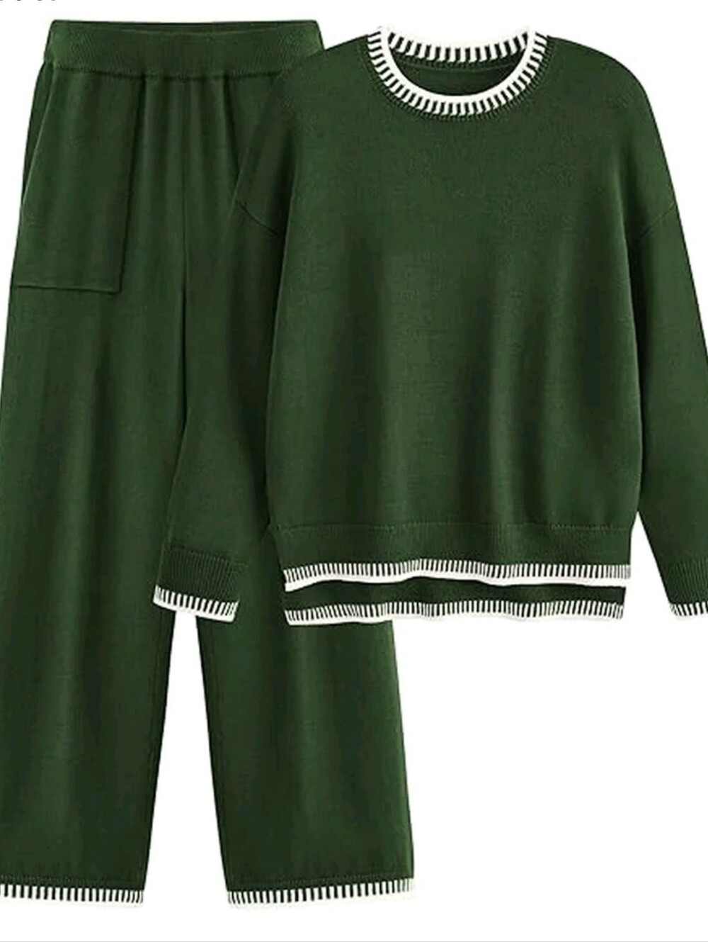 Pretty Garden Relaxed Forest Green Knit Sweatshirt & Wide-Leg Pants Set